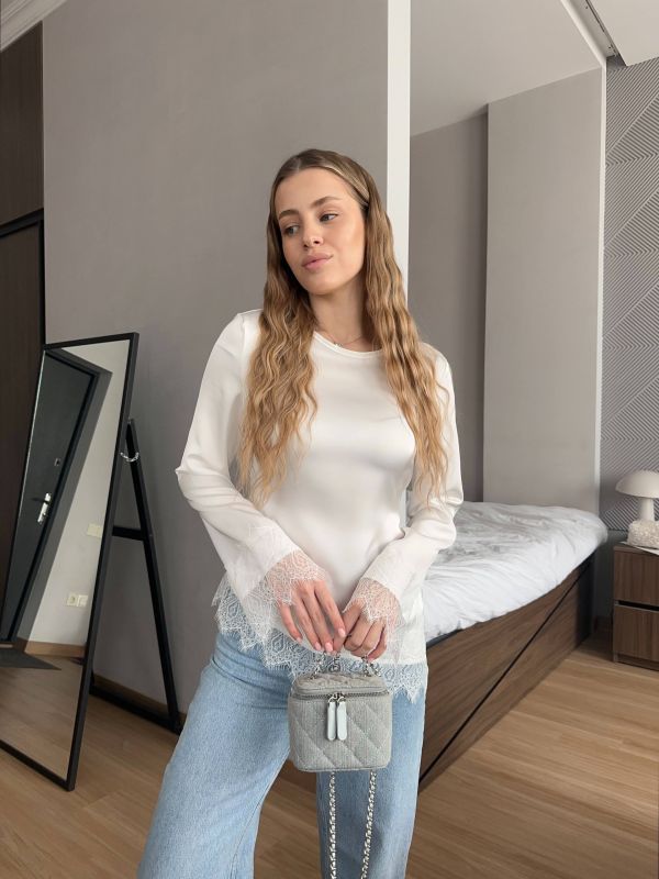 Блуза жіноча Podolyanka з дабл шовку асиметрична з мереживом білий 42-44 (Арт. 0437SH)