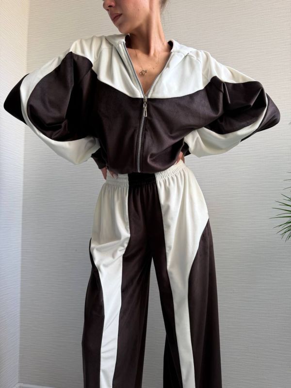Велюровий спортивний костюм, коричневий з білим, 42-44(XS-S) (арт.820EB)