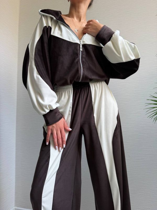Велюровий спортивний костюм, коричневий з білим, 42-44(XS-S) (арт.820EB)