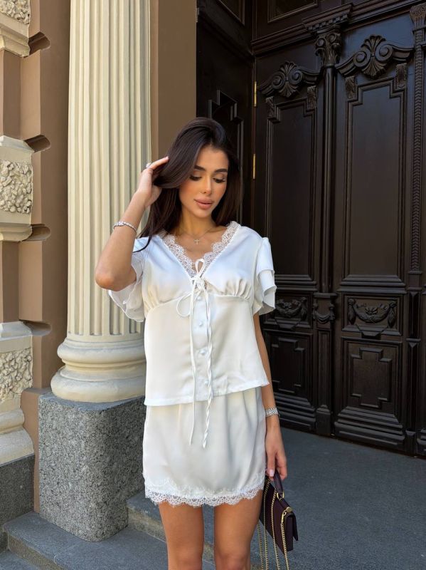 Костюм (блуза з мереживом та спідниця-шорти) дабл шовк білий 42-46 (Арт. 2630BT)