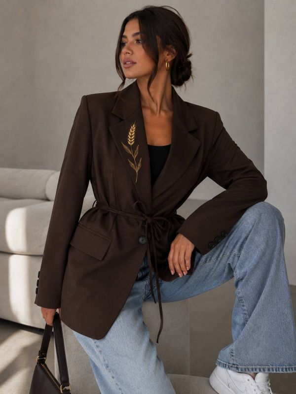 Жіночий піджак на підкладці з вишивкою колосок, шоколадний, 42-46 (арт. YK7088)