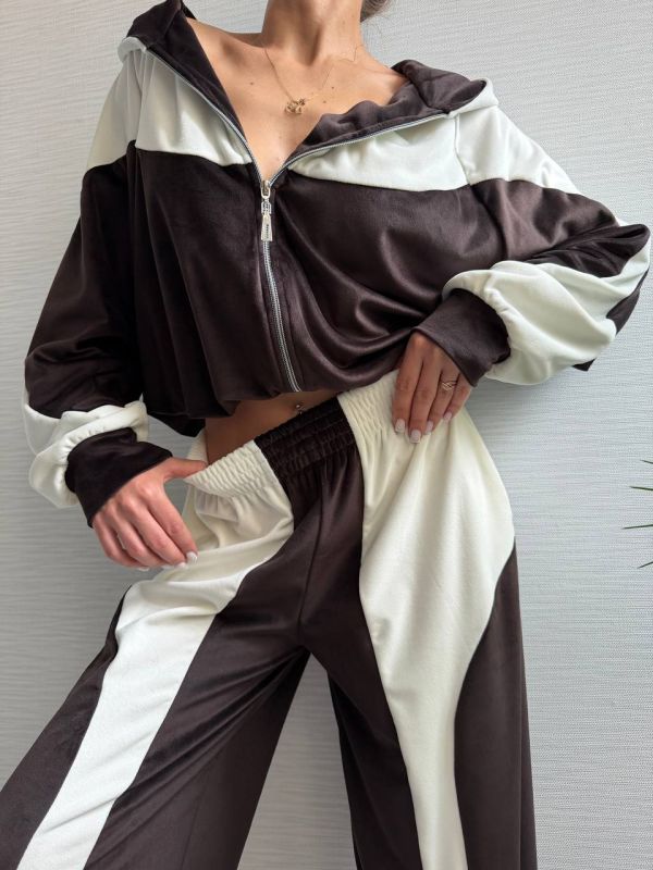 Велюровий спортивний костюм, коричневий з білим, 42-44(XS-S) (арт.820EB)