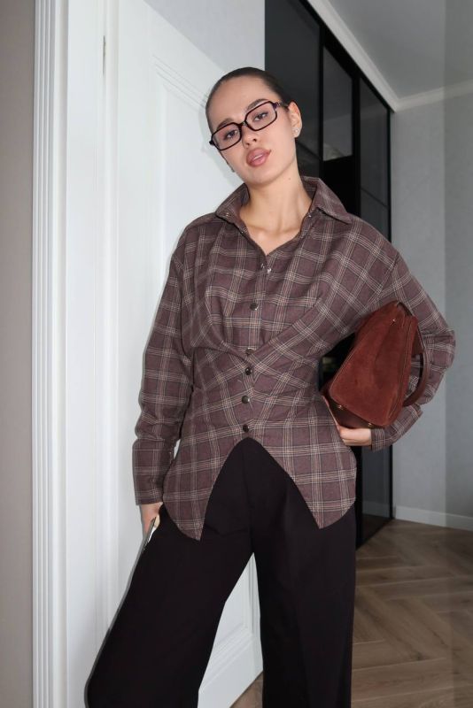 Жіноча асиметрична фланелева сорочка з акцентом на талії, шоколад, One size, (арт. 033GB)