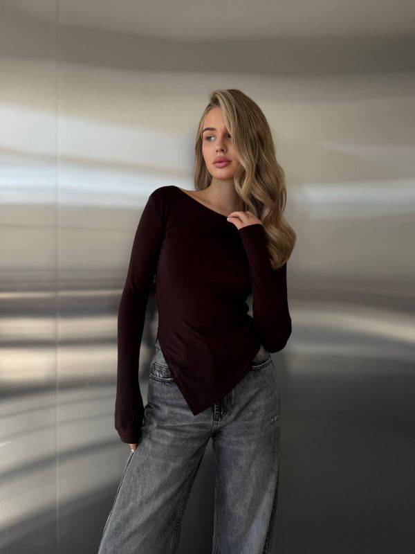 Базовий асиметричний лонгслів (кофта), віскоза, шоколадний, One Size (арт. 356SH)