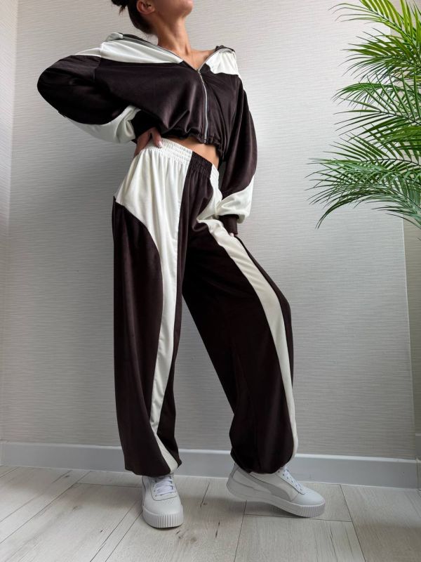 Велюровий спортивний костюм, коричневий з білим, 42-44(XS-S) (арт.820EB)