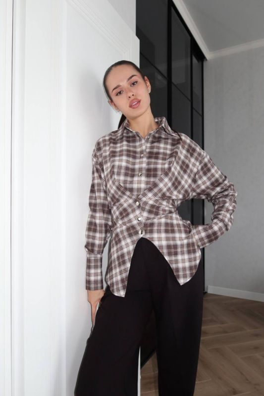 Жіноча асиметрична фланелева сорочка з акцентом на талії, бежевий, One size, (арт. 033GB)