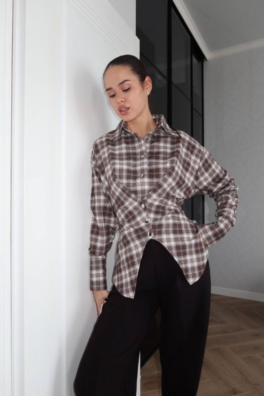 Жіноча асиметрична фланелева сорочка з акцентом на талії, бежевий, One size, (арт. 033GB)