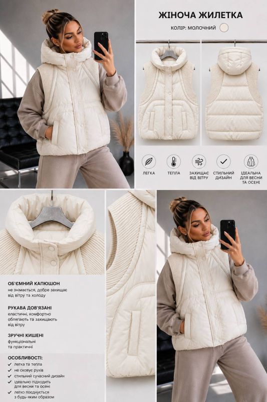 Жіноча жилетка з капюшоном, молочний, 48-52 (M-L) (арт.7086YK)