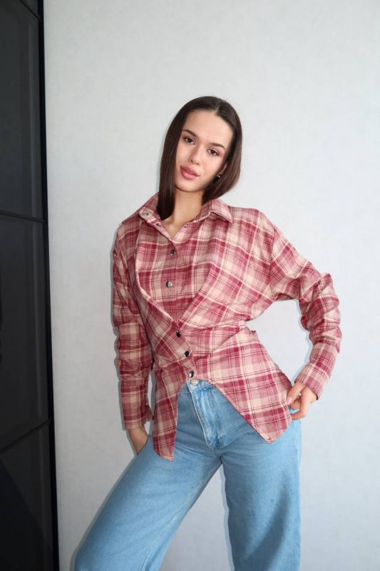 Жіноча асиметрична фланелева сорочка з акцентом на талії, червоний, One size, (арт. 033GB)