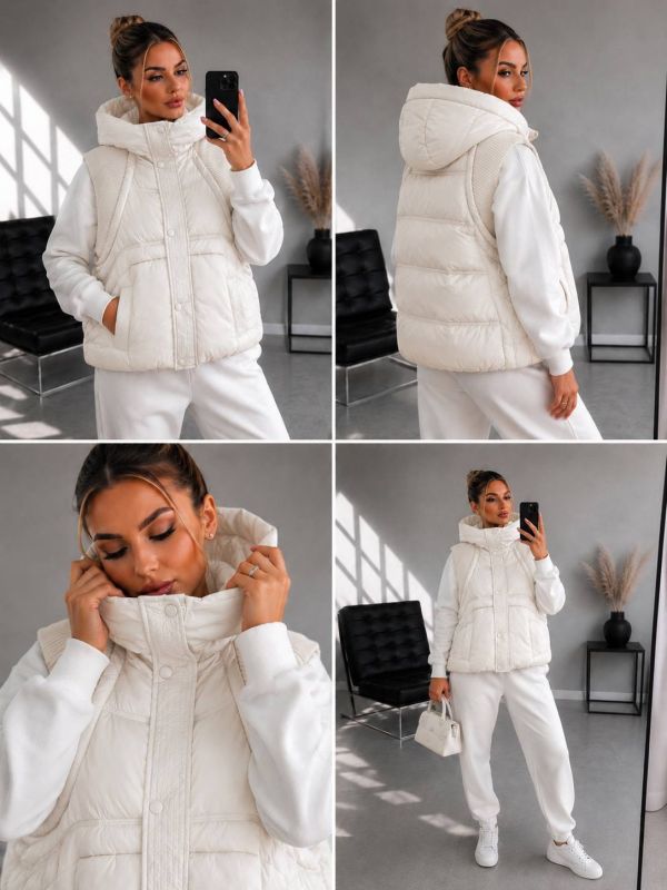 Жіноча жилетка з капюшоном, молочний, 48-52 (M-L) (арт.7086YK)