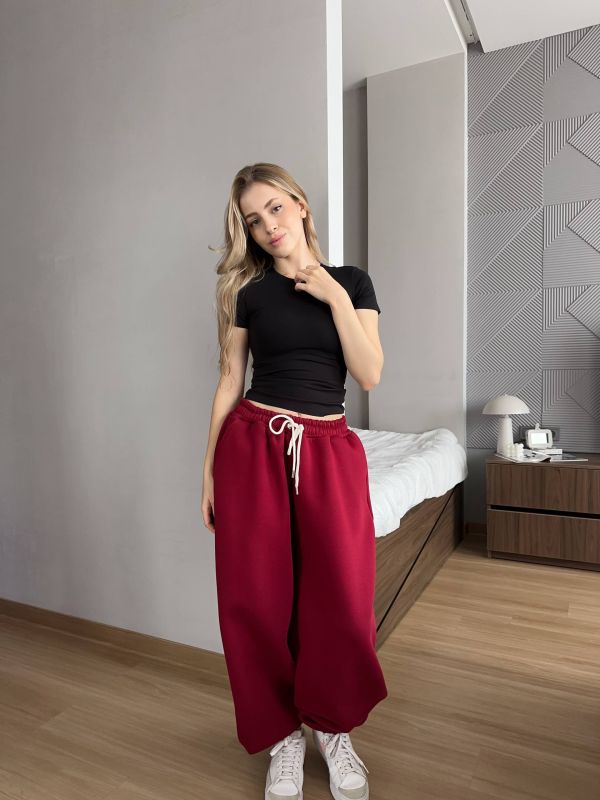 Широкі спортивні штани (джогери), трьохнитка на флісі, бордовий, One Size (арт. 397SH)