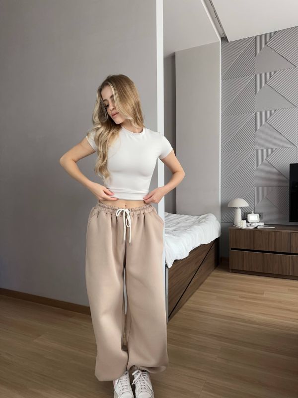 Широкі спортивні штани (джогери), трьохнитка на флісі, бежевий, One Size (арт. 397SH)