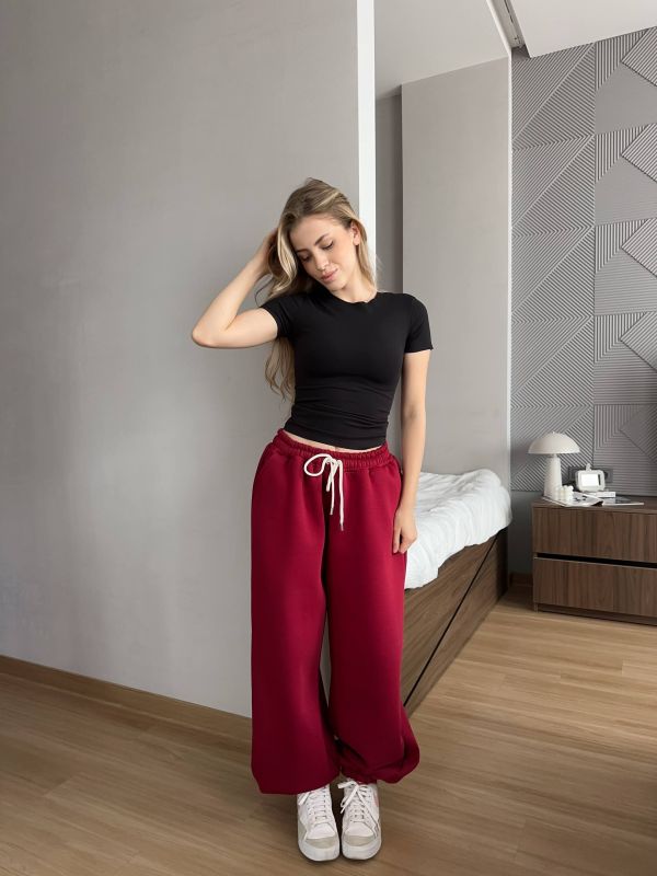 Широкі спортивні штани (джогери), трьохнитка на флісі, бордовий, One Size (арт. 397SH)