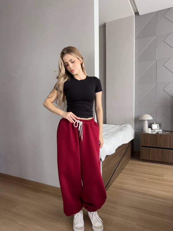 Широкі спортивні штани (джогери), трьохнитка на флісі, бордовий, One Size (арт. 397SH)