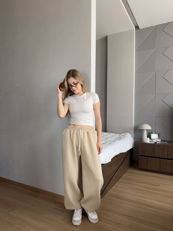 Широкі спортивні штани (джогери), трьохнитка на флісі, бежевий, One Size (арт. 397SH)
