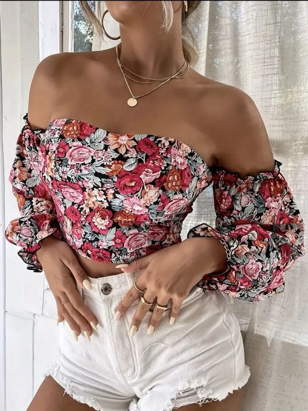 Жіночий топ з відкритими плечима, квітковий принт, розмір M (арт. 513)