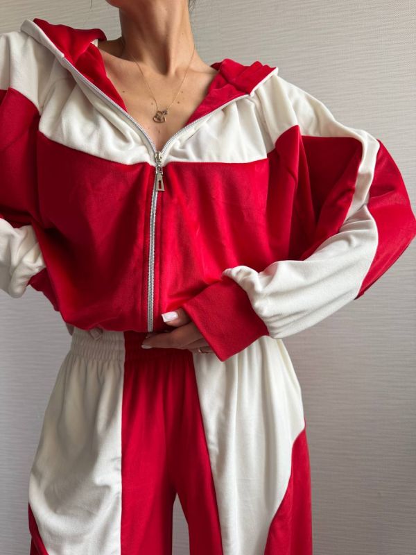 Велюровий спортивний костюм, червоний з білим, 42-44(XS-S) (арт.820EB)