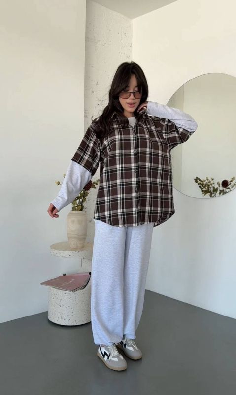 Жіночий костюм сорочка в клітинку та джогери, сірий з коричневим One Size (0766IR)