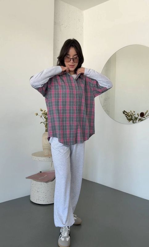 Жіночий костюм сорочка в клітинку та джогери, сірий з рожевим One Size (0766IR)
