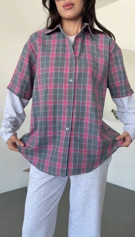 Жіночий костюм сорочка в клітинку та джогери, сірий з рожевим One Size (0766IR)