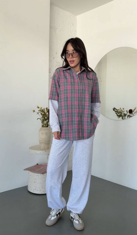 Жіночий костюм сорочка в клітинку та джогери, сірий з рожевим One Size (0766IR)