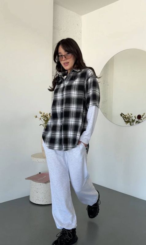 Жіночий костюм сорочка в клітинку та джогери, сірий з чорним One Size (0766IR)