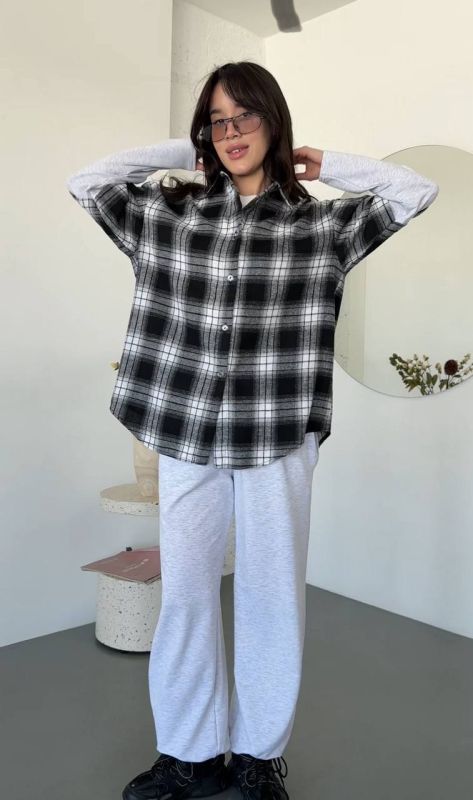 Жіночий костюм сорочка в клітинку та джогери, сірий з чорним One Size (0766IR)