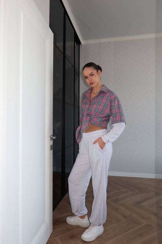 Жіночий костюм сорочка в клітинку та джогери, сірий з рожевим One Size (0766IR)