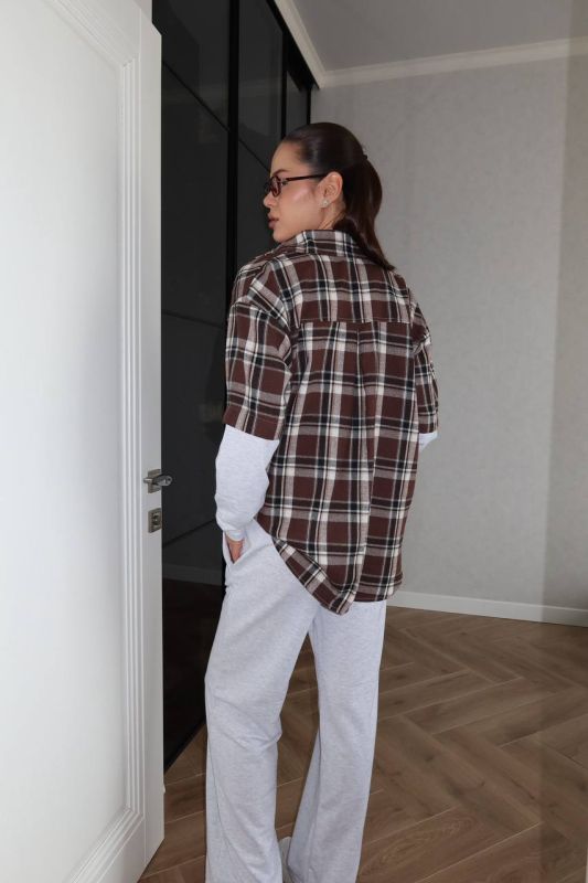 Жіночий костюм сорочка в клітинку та джогери, сірий з коричневим One Size (0766IR)