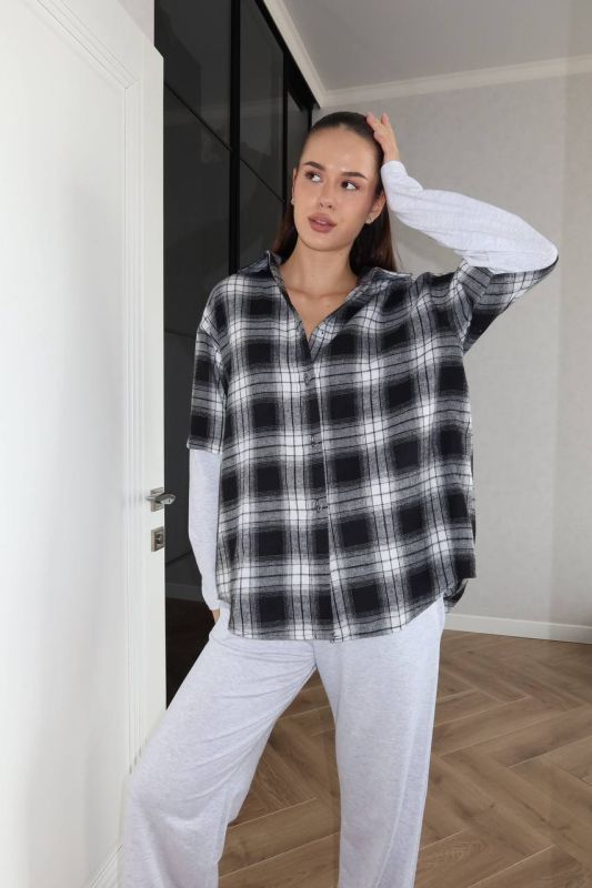 Жіночий костюм сорочка в клітинку та джогери, сірий з чорним One Size (0766IR)