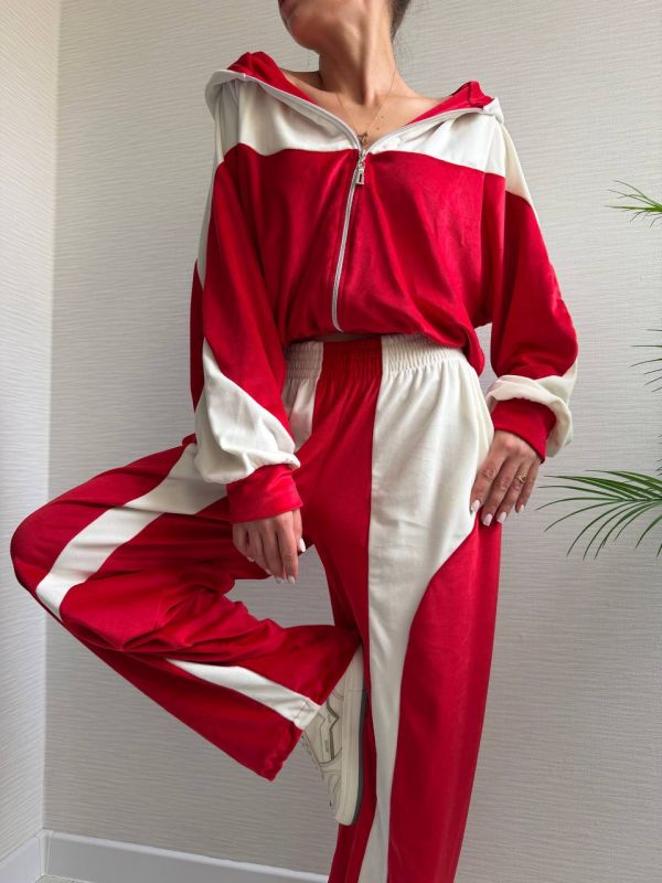 Велюровий спортивний костюм, червоний з білим, 42-44(XS-S) (арт.820EB)