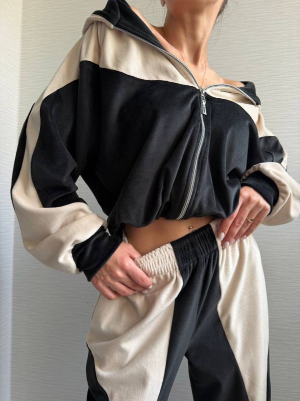 Велюровий спортивний костюм, чорний з бежевим, 46-48(M-L) (арт.820EB)