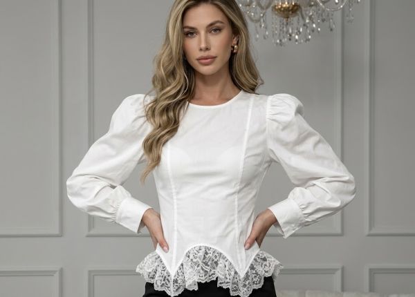 Корсетна блузка з мереживом, довгий рукав, біла 42-44 (XS-S) (арт.IR318)