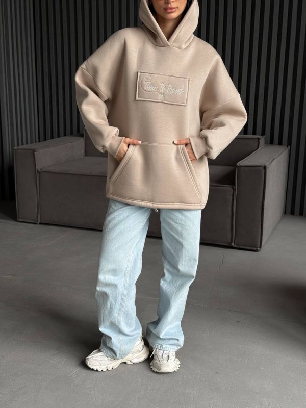 Худі жіноче Oversize, бежевий, one size, трьохнитка на флісі (не кошлатиться), арт. 022GB