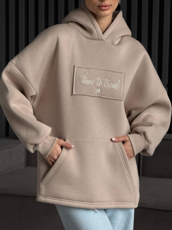 Худі жіноче Oversize, бежевий, one size, трьохнитка на флісі (не кошлатиться), арт. 022GB