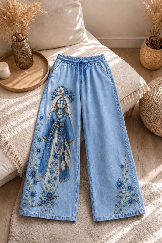 Джинси жіночі, моми, блакитний, з принтом мотанки, 54-56 (XL) (арт. 7023YK)