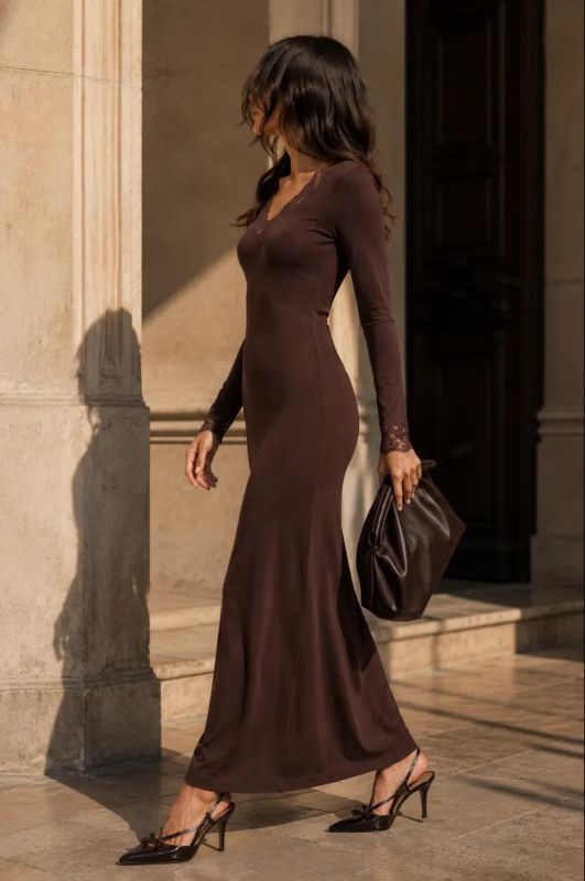 Довга віскозна сукня Podolyanka до щиколотки, колір шоколад, з вишуканим мереживом, розмір 42-44 (арт. 423SH)