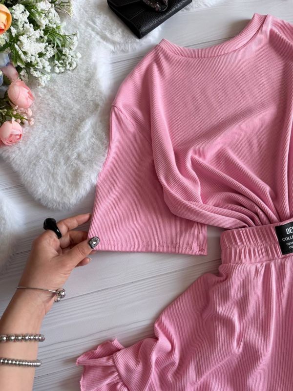 Костюм шорти та футболка вільного крою з щільного рубчика, рожевий, 42-46 (Арт. 0809EB)