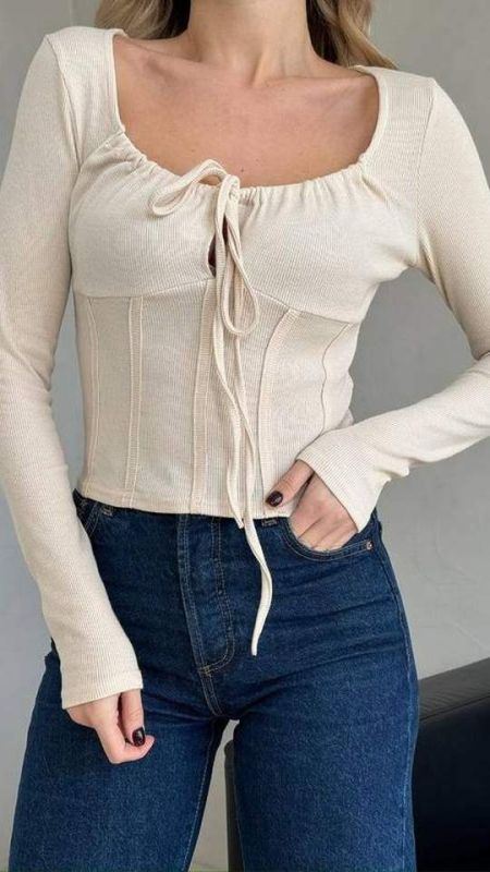 Лонгслів в рубчик Podolyanka на зав'язках бежевий One Size (Арт. 5690)